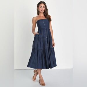 Lulu's Navy Blue Strapless Midi Dress